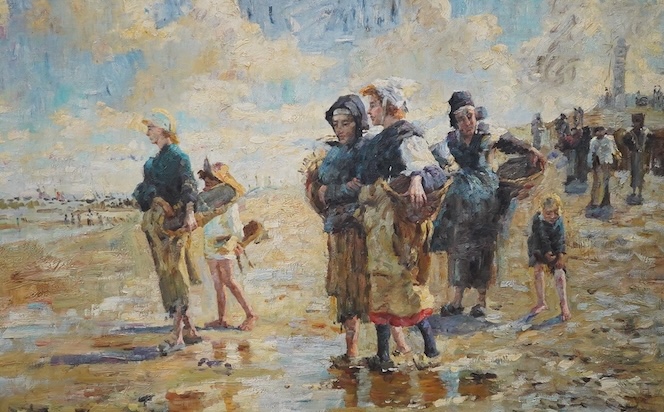 Modern British, oil on board, Beach scene with figures, unsigned, 59 x 90cm. Condition - good